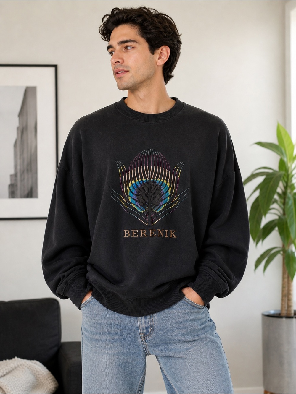 Berenik Embroidered Graphic Sweatshirt Oversized Black Streetwear Designer
